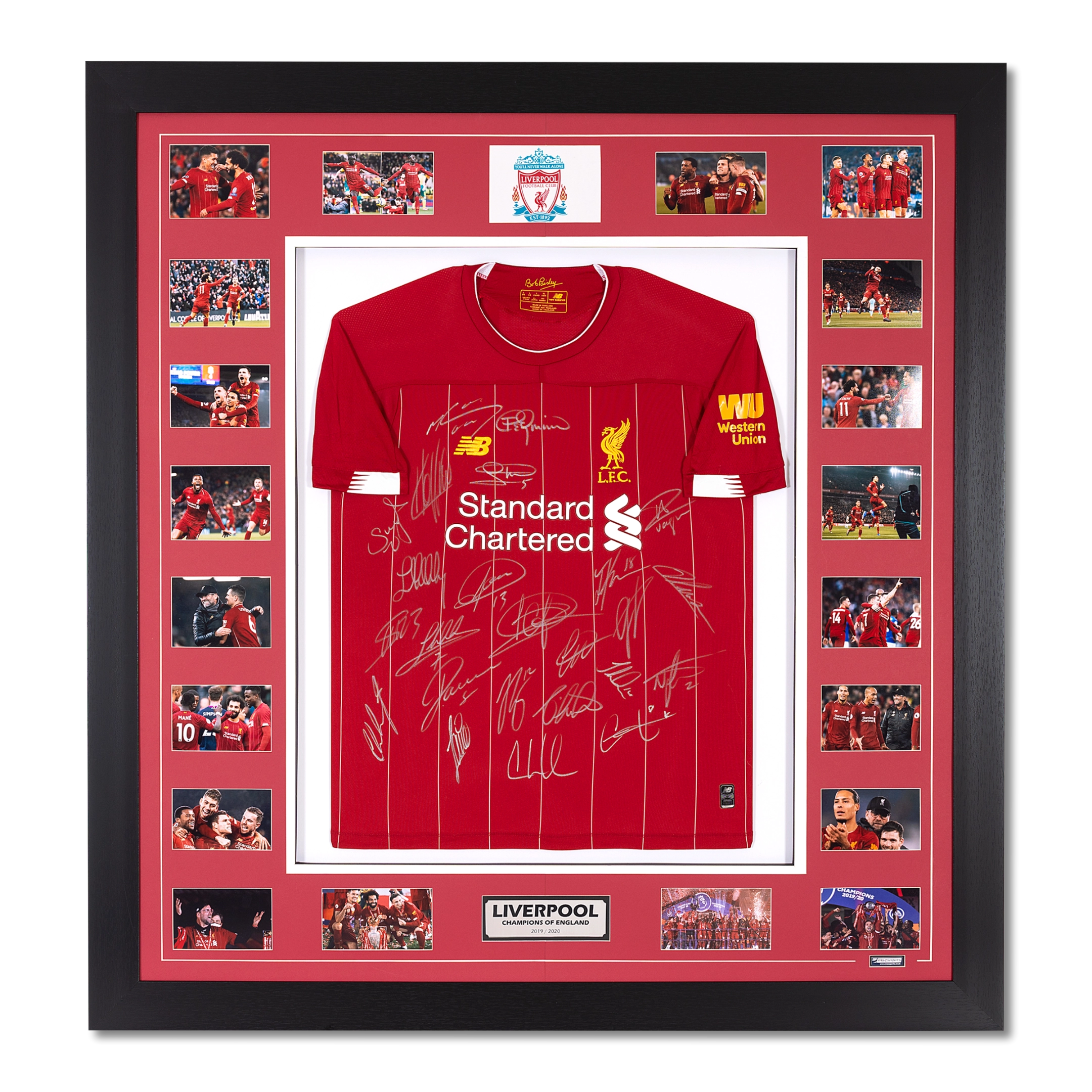 Framed Liverpool signed jersey from 2020 Premier League title season