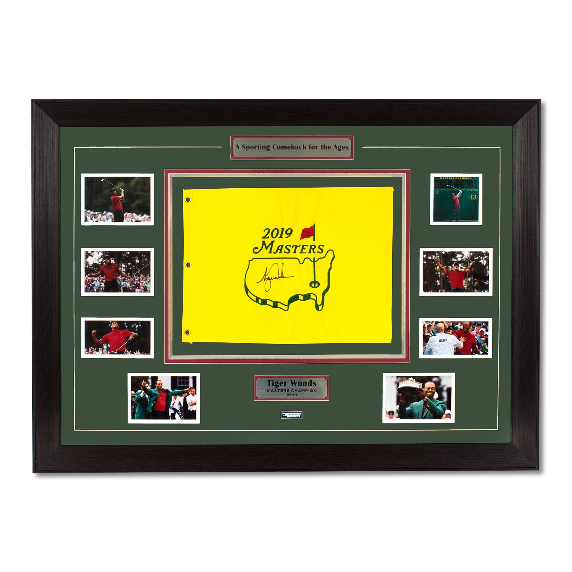 Framed Tiger Woods signed 2019 Masters pin flag